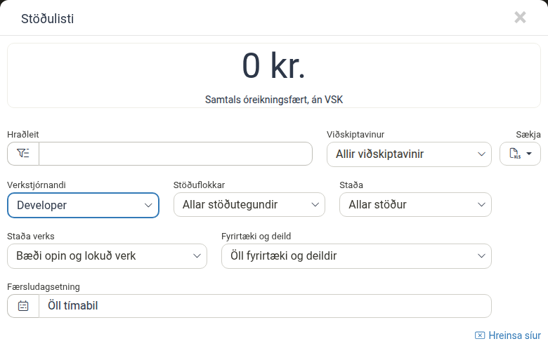 Stöðulisti sem sýnir útistandandi upphæðir milli verka og viðskiptavina