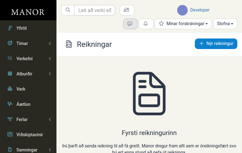 Reikningasíða sem sýnir nýlega reikninga