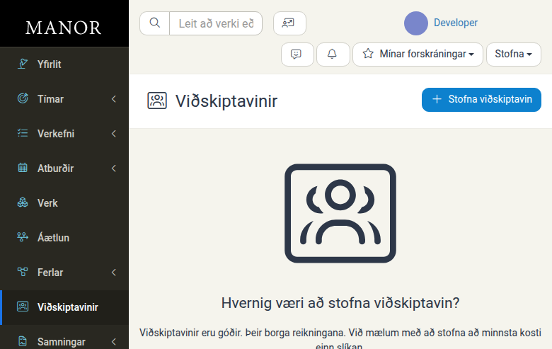 Viðskiptavinasíða sem sýnir alla viðskiptavini