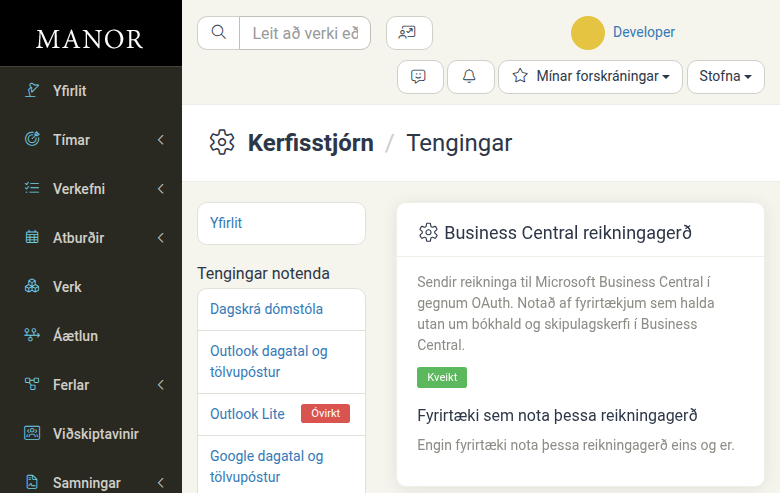 Business Central OAuth auðkenningargluggi með Tengja hnapp