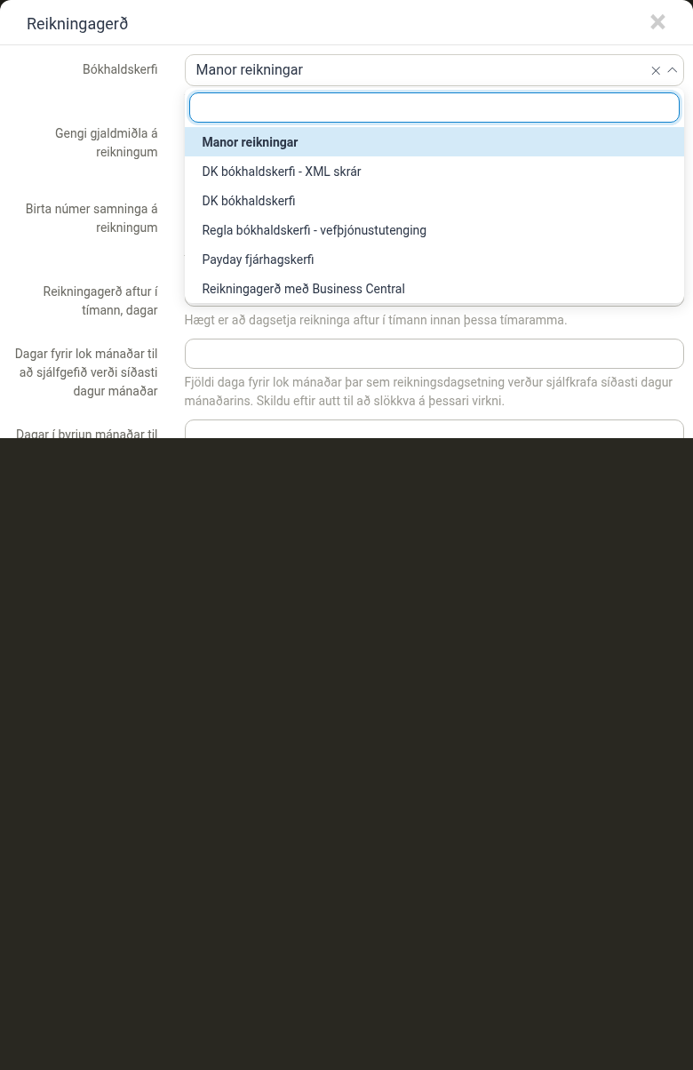 Fellivalmynd bókhaldskerfis sem sýnir alla valkosti þar á meðal Manor reikningar, DK bókhaldskerfi - XML skrár, DK bókhaldskerfi, Regla bókhaldskerfi - vefþjónustutenging, Payday fjárhagskerfi og Reikningagerð með Business Central