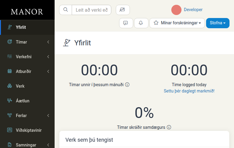 Yfirlitssíða með tímaframvindu, verkum og verkefnum