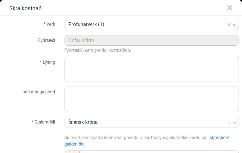 Eyðublað fyrir stofnun kostnaðar með öllum reitum sýnilegum