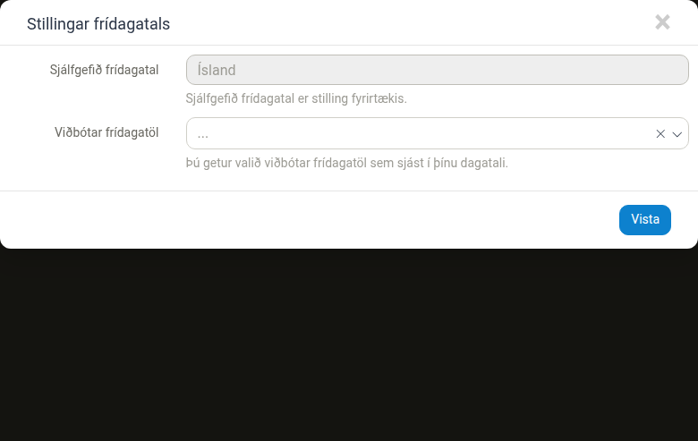 Stillingar frídagatals sem sýna sjálfgefið frídagatal og viðbótar frídagatöl