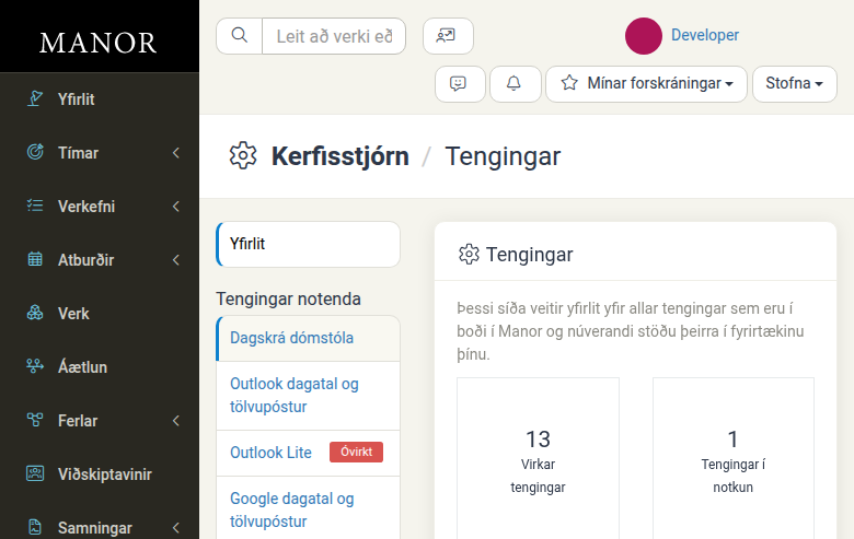 Breytingagluggi sem sýnir fellivalmyndir fyrir Dagskrá dómstóla, Outlook og Google tengingar