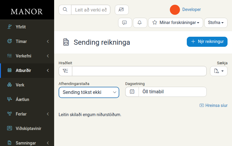 Sending reikninga síða sem sýnir hraðleit, afhendingarstöðu og dagsetningarsíur ásamt lista yfir sendingaskrár