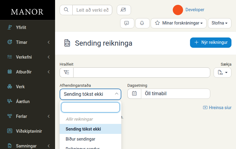 Fellilistinn Afhendingarstaða sem sýnir valkostina Allir reikningar, Sending tókst ekki, Bíður sendingar og Reikningur sendur
