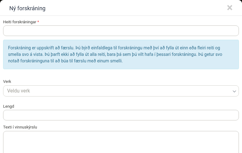 Eyðublað til að búa til nýja forskráningu