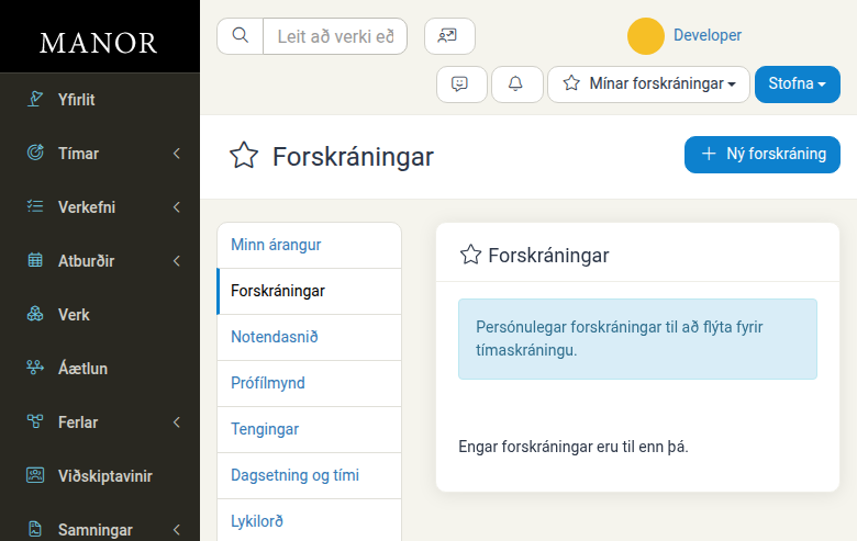 Forskráningasíðan þar sem hægt er að sjá og stofna forskráningar