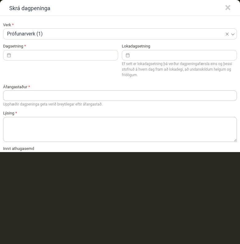 Eyðublað fyrir stofnun dagpeninga með öllum reitum sýnilegum