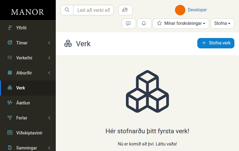 Verksíða sem sýnir lista yfir verk