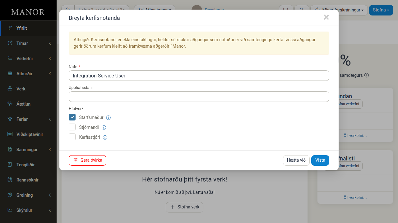 Gluggi til að breyta kerfisnotanda