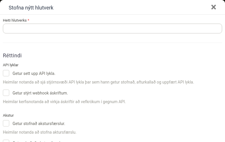Stofnunargluggi hlutverks sem sýnir val á réttindum